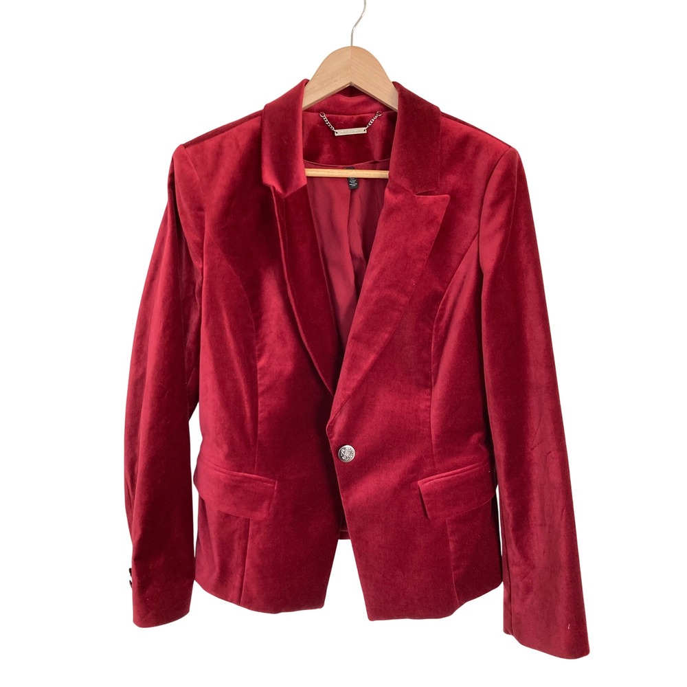 White House Black Market Red Velvet Blazer Single Button Crest Jacket Size 12